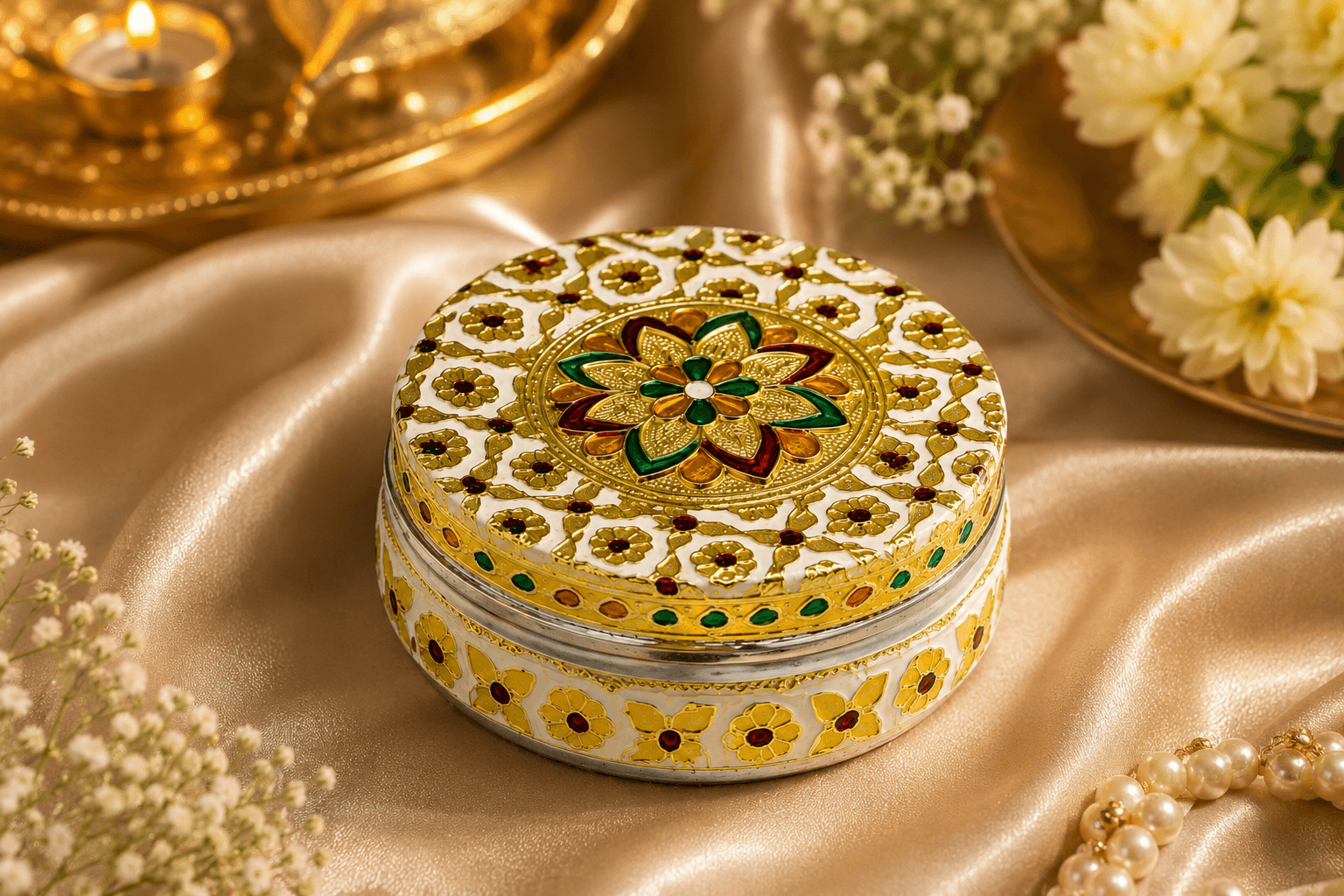 White Floral Meenakari Storage Box - Image 3