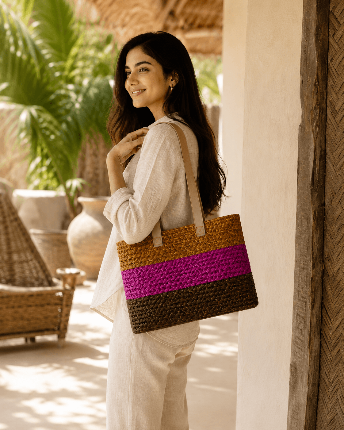 Pink Stripe Sabai Grass Tote Bag - Image 4