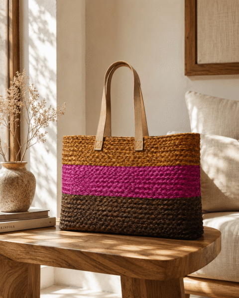 Pink Stripe Sabai Grass Tote Bag - Image 2