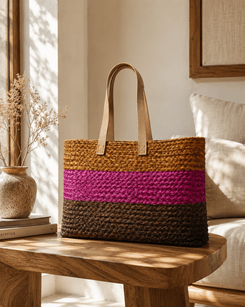 Pink Stripe Sabai Grass Tote Bag