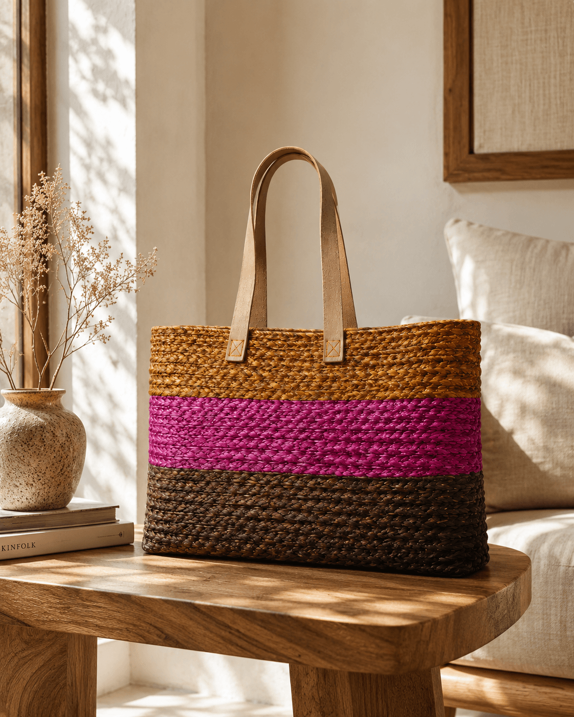 Pink Stripe Sabai Grass Tote Bag - Image 2
