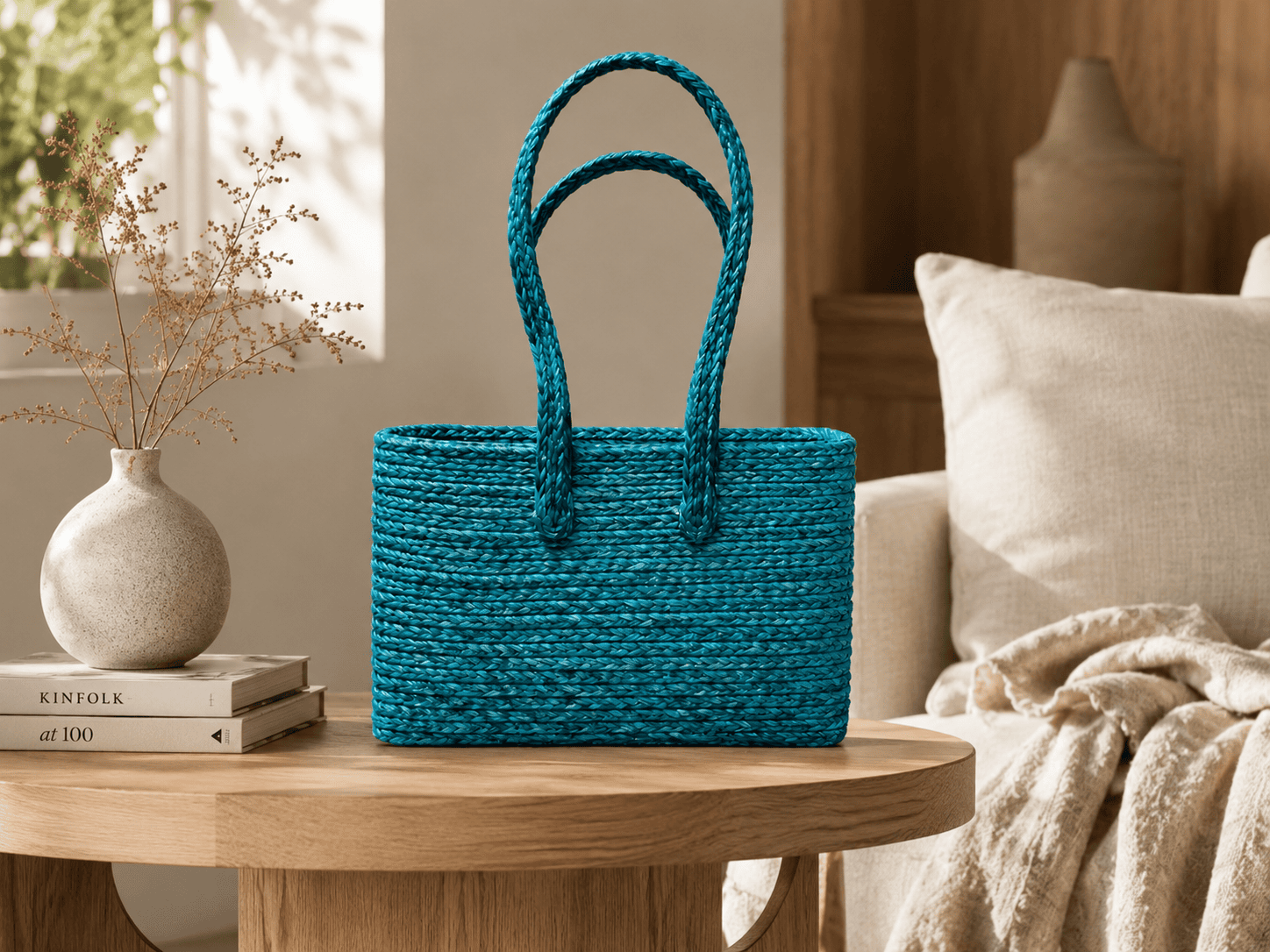 Turquoise Sabai Grass Tote Bag - Image 3