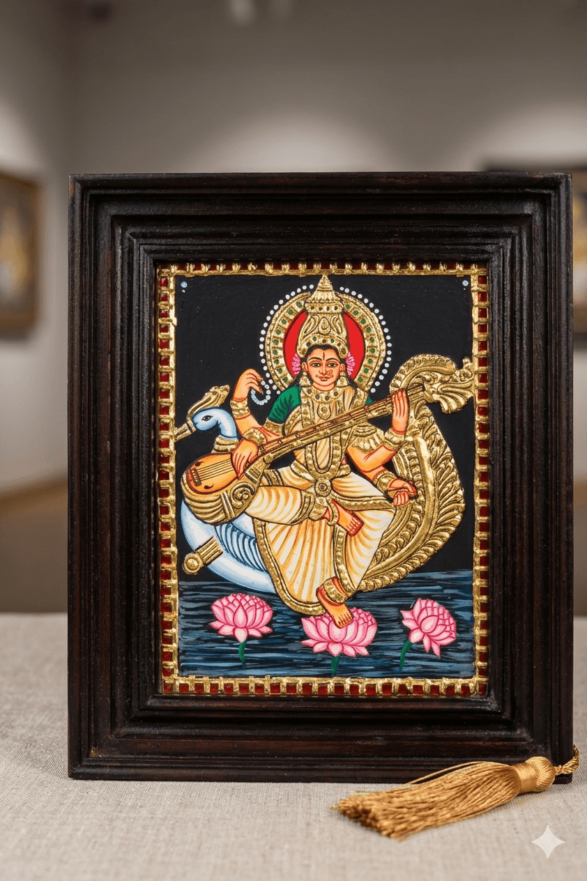 22K Gold Foil Saraswati Tanjore Painting - Image 2