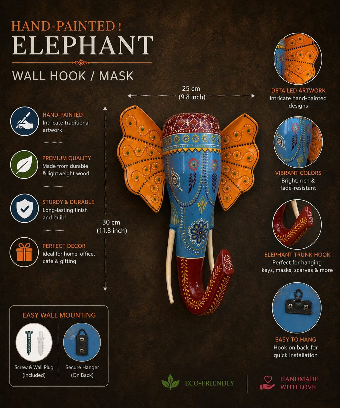 Handcrafted Wooden Elephant Wall Decor - Image 4