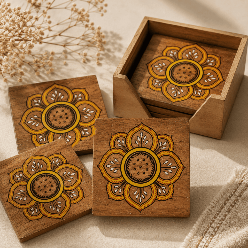 Floral Wooden Tea Coaster Set with Box