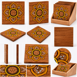 Floral Wooden Tea Coaster Set with Box - Image 3