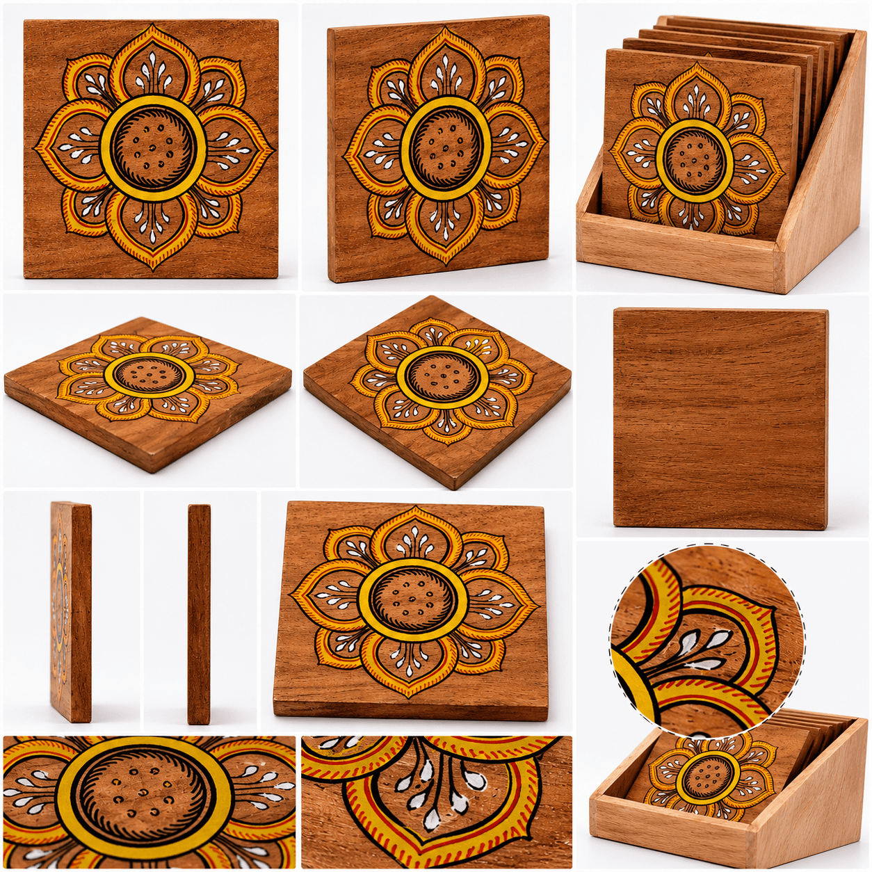Floral Wooden Tea Coaster Set with Box - Image 3
