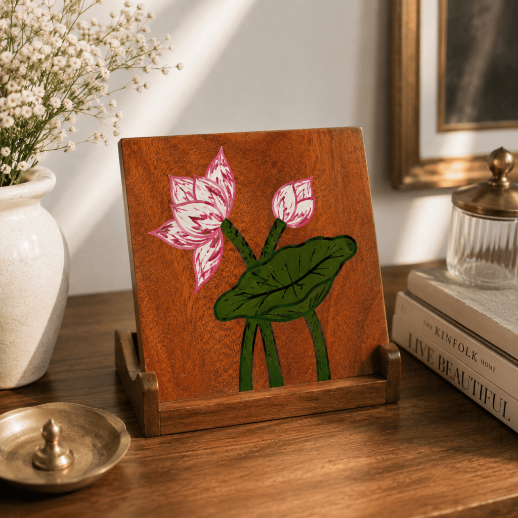 Lotus Hand-Painted Wooden Coaster Set