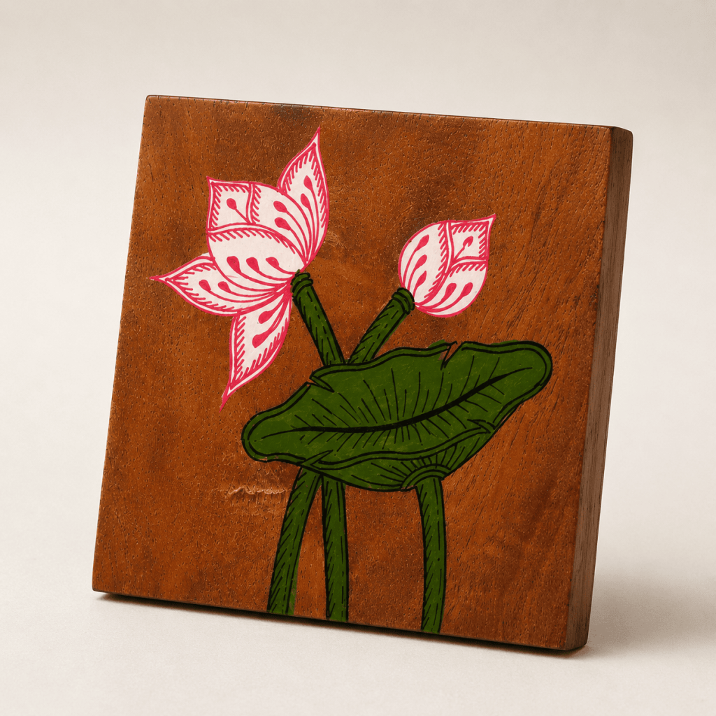 Lotus Hand-Painted Wooden Coaster Set