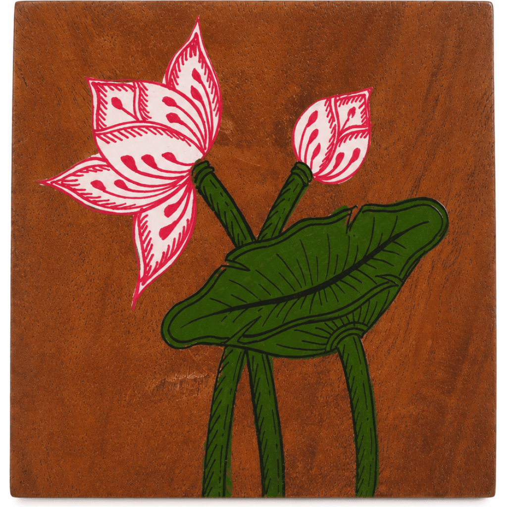 Lotus Hand-Painted Wooden Coaster Set