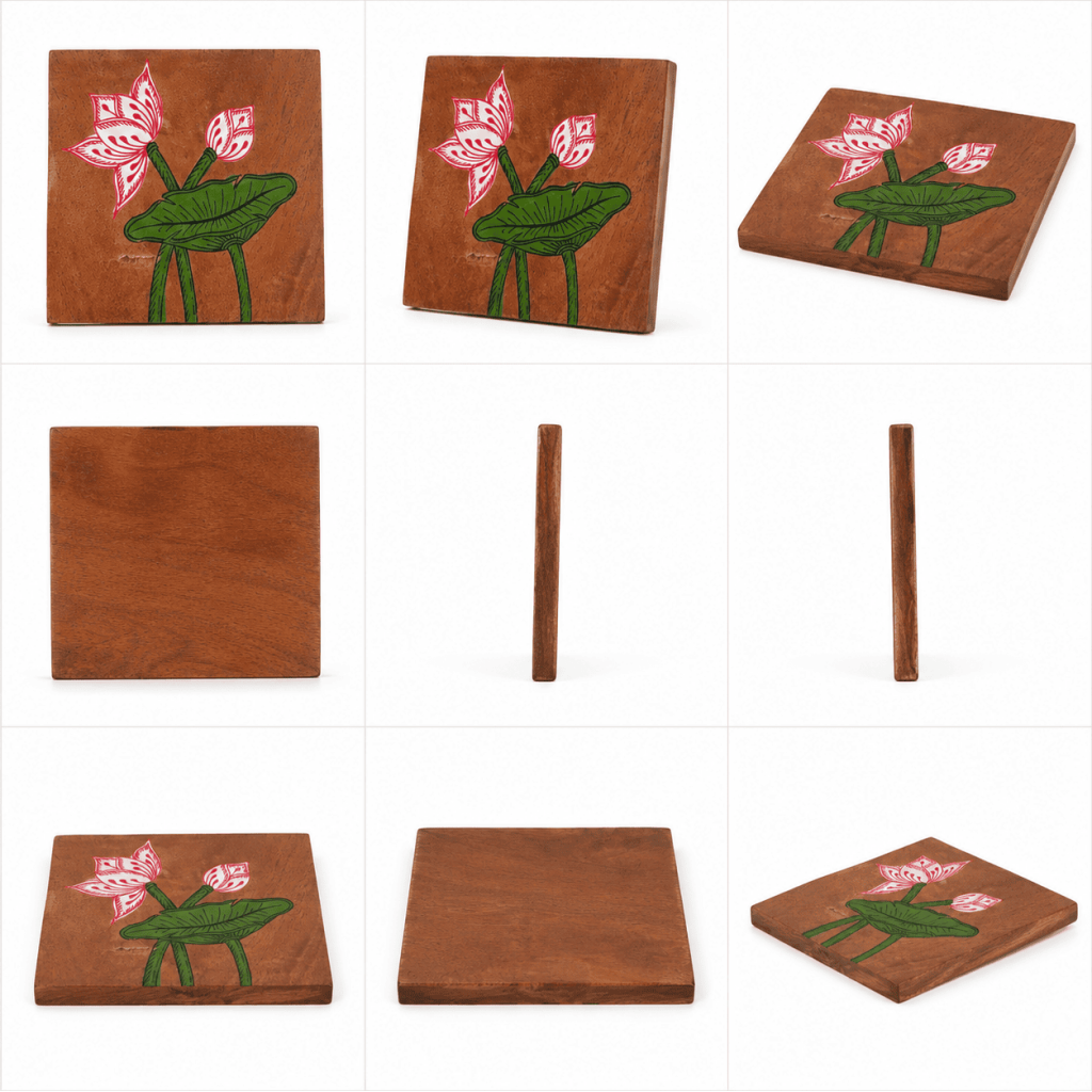 Lotus Hand-Painted Wooden Coaster Set