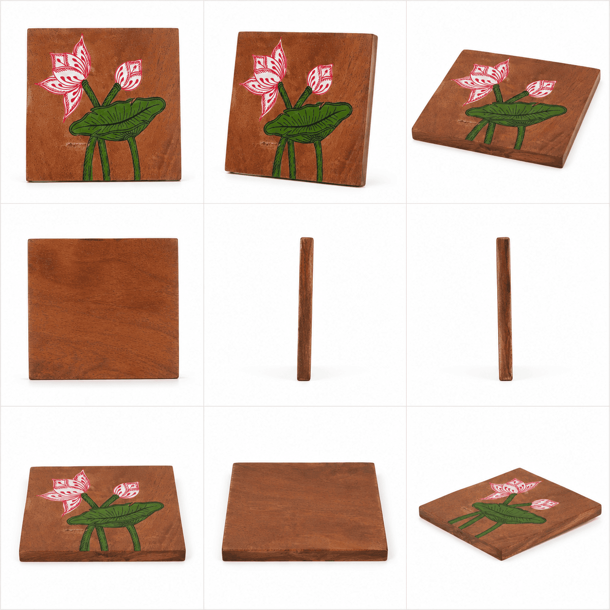 Lotus Hand-Painted Wooden Coaster Set - Image 2