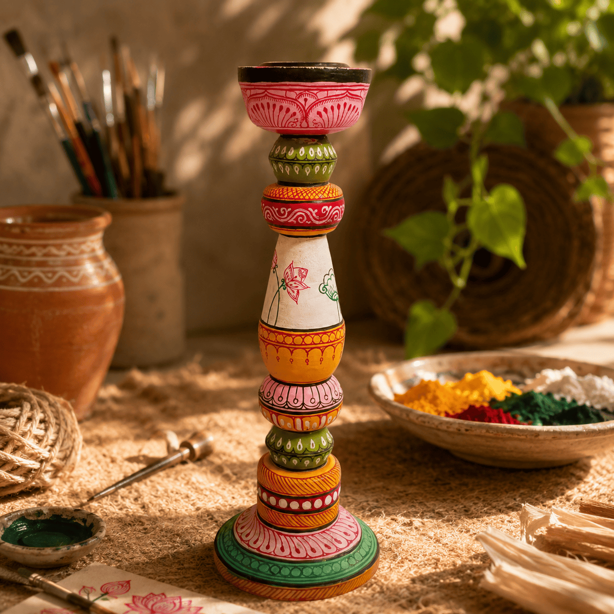 Pattachitra Handpainted Candle Stand Set - Image 4