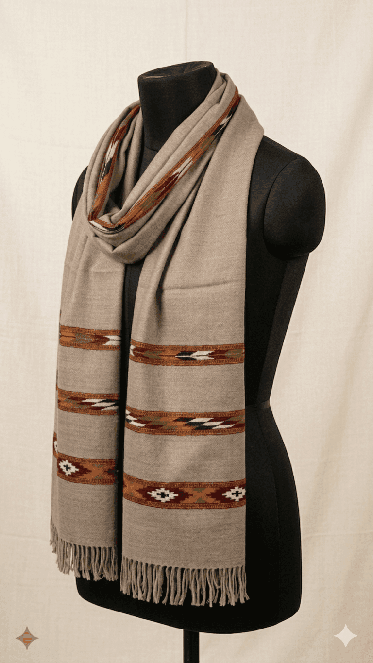 Beige Handwoven Woolen Scarf - Image 2