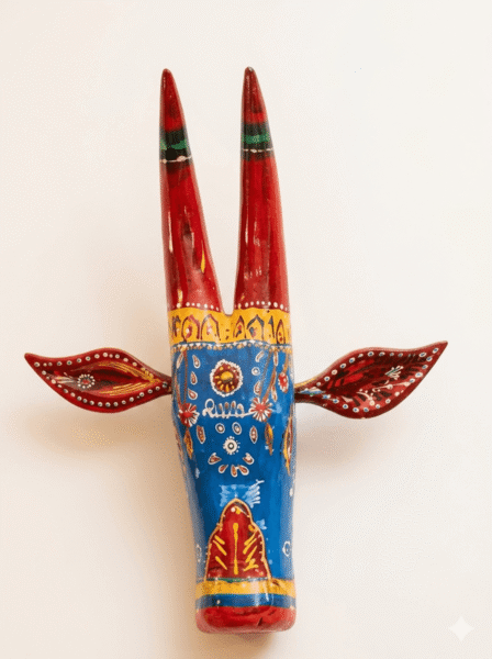 Azure Tribal Handcrafted Wooden Bull Wall Decor - Image 1