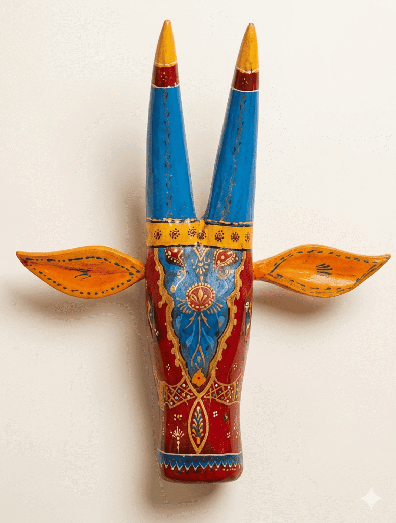Azure Tribal Handcrafted Wooden Bull Mask Decor