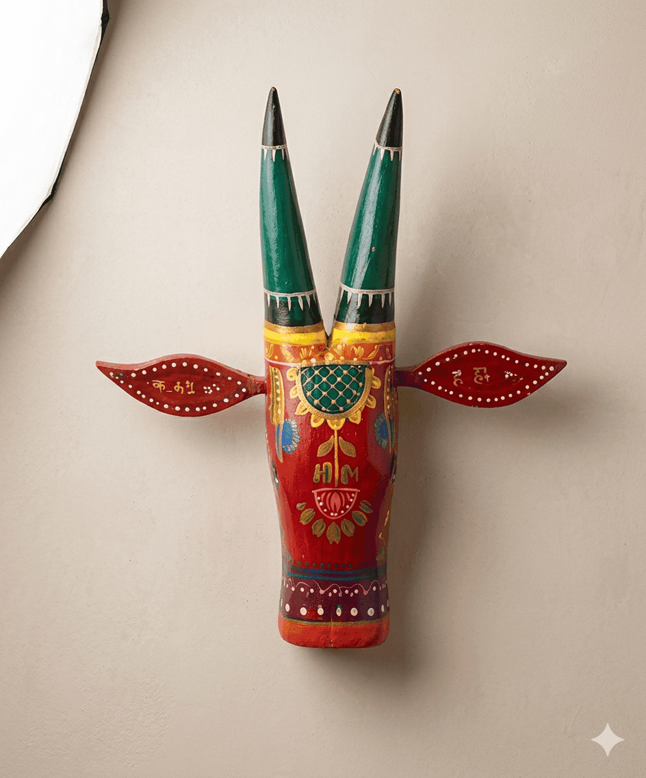 Emerald Tribal Handcrafted Wooden Bull Mask Decor - Image 2