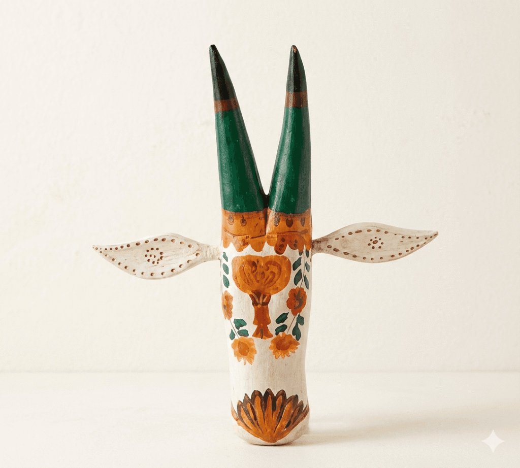 Ivory Floral Handcrafted Wooden Bull Mask Decor