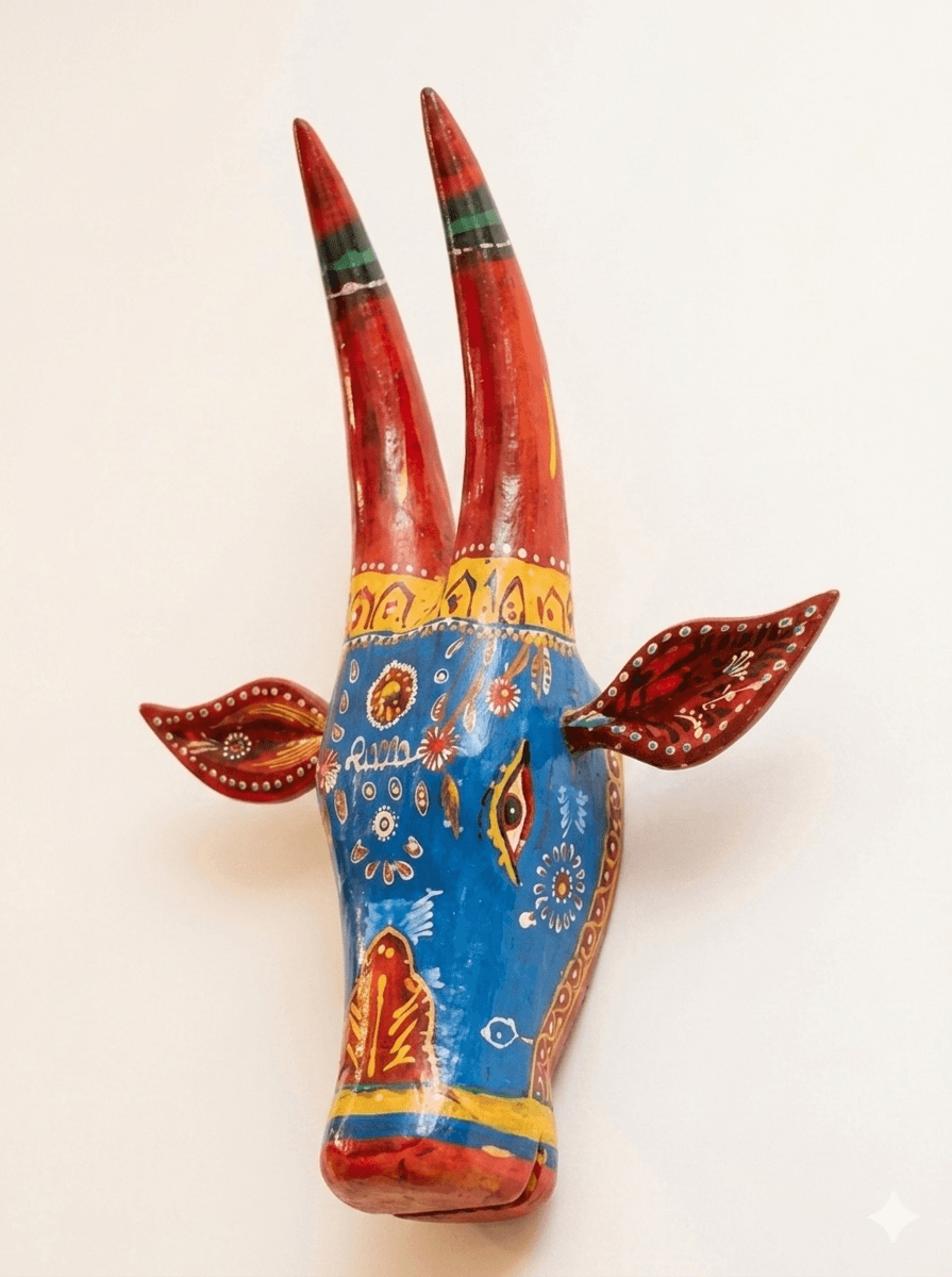 Azure Tribal Handcrafted Wooden Bull Wall Decor - Image 2