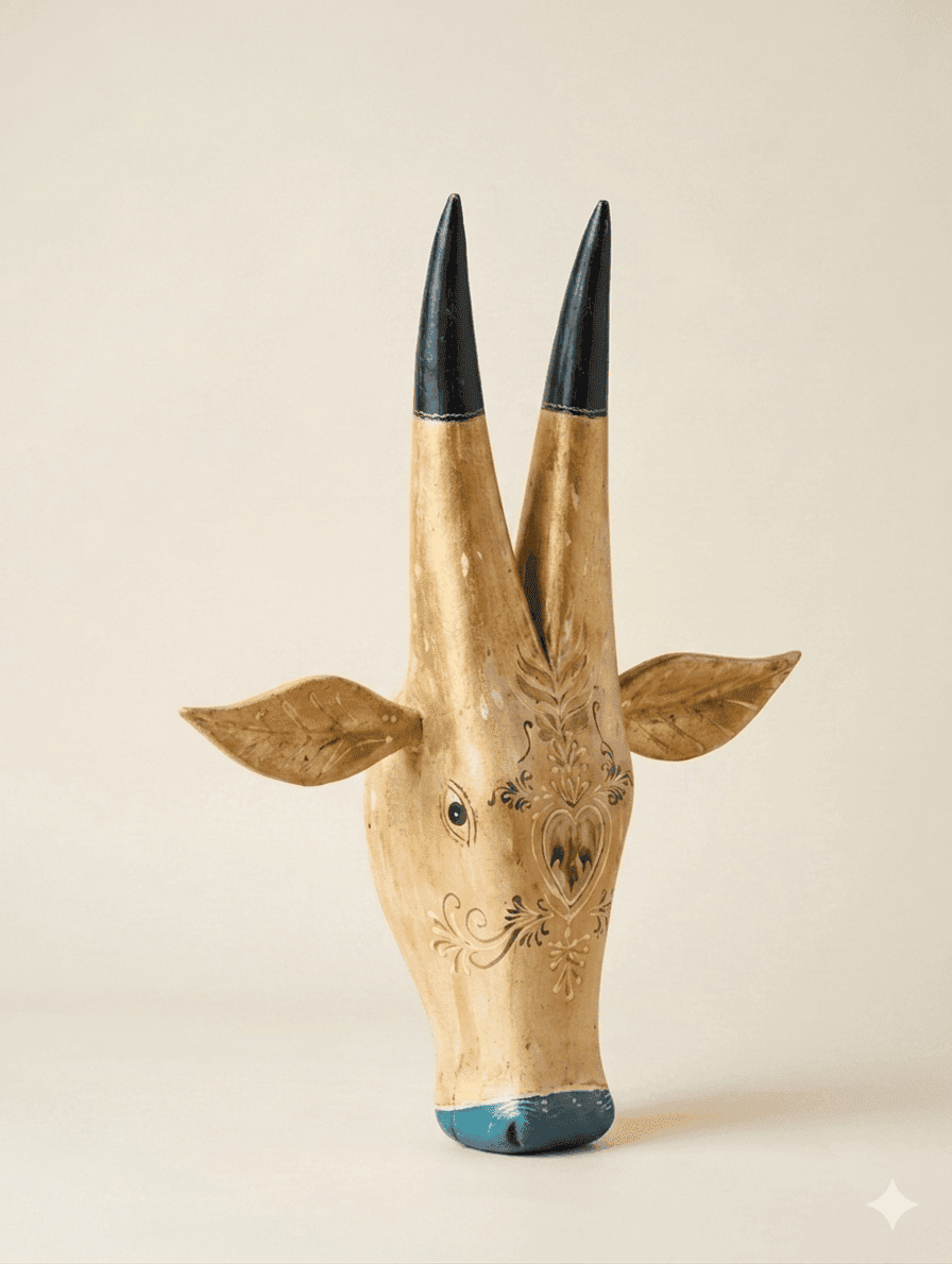 Ivory Tribal Handcrafted Wooden Bull Mask Decor - Image 2