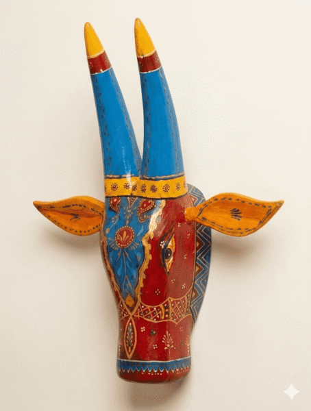 Azure Tribal Handcrafted Wooden Bull Mask Decor - Image 2