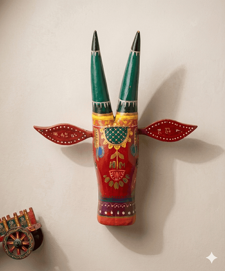 Emerald Tribal Handcrafted Wooden Bull Mask Decor - Image 1