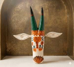 Ivory Floral Handcrafted Wooden Bull Mask Decor - Image 2
